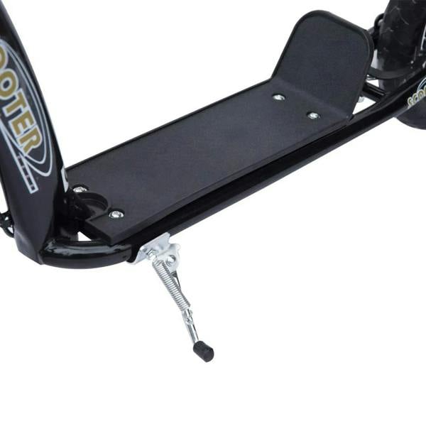Black kick scooter deck with non-slip pedal and kickstand