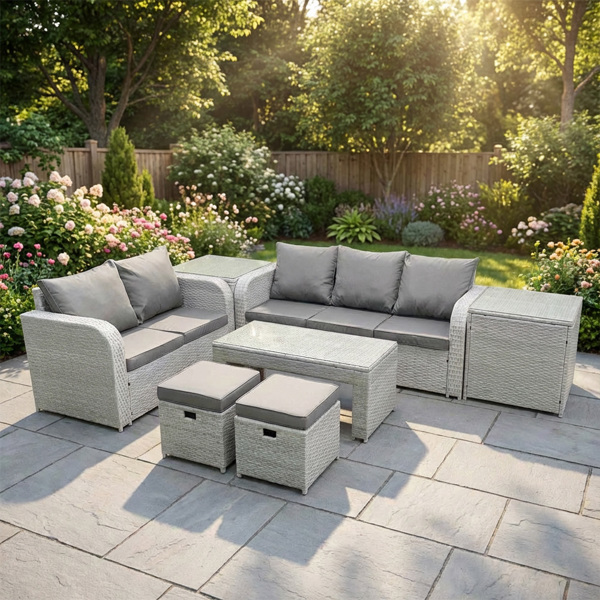 Fimous 7 Seater Rattan Garden Furniture Set with Coffee Table, 3 Seater Sofa, Love Sofa, 2 Stools & 2 Side Tables - Light Grey