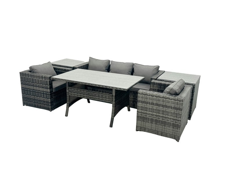 Fimous Outdoor Dining Table Sofa Armchair Set with 2 Side Tables Garden Furniture Set Dark Grey Mixed