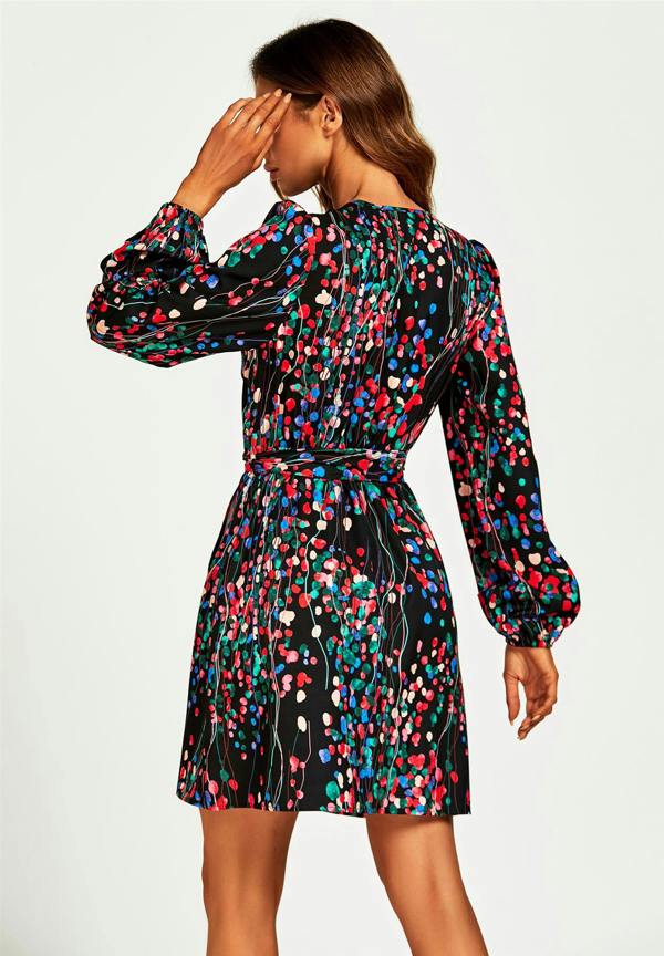FS Collection Abstract Floral Print Wrap Mini Dress In Black