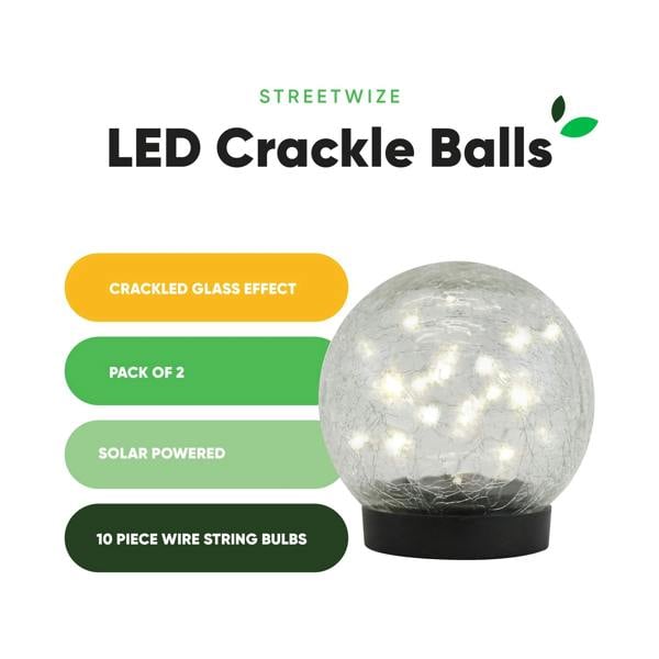 Gardenwize Pack of 2 Solar Crackle Ball LED Lights – Warm White Glass Globe Garden Lights