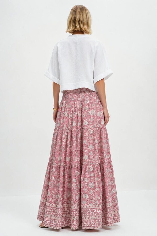 Pink Brianne woodblock printed cotton voile skirt with border