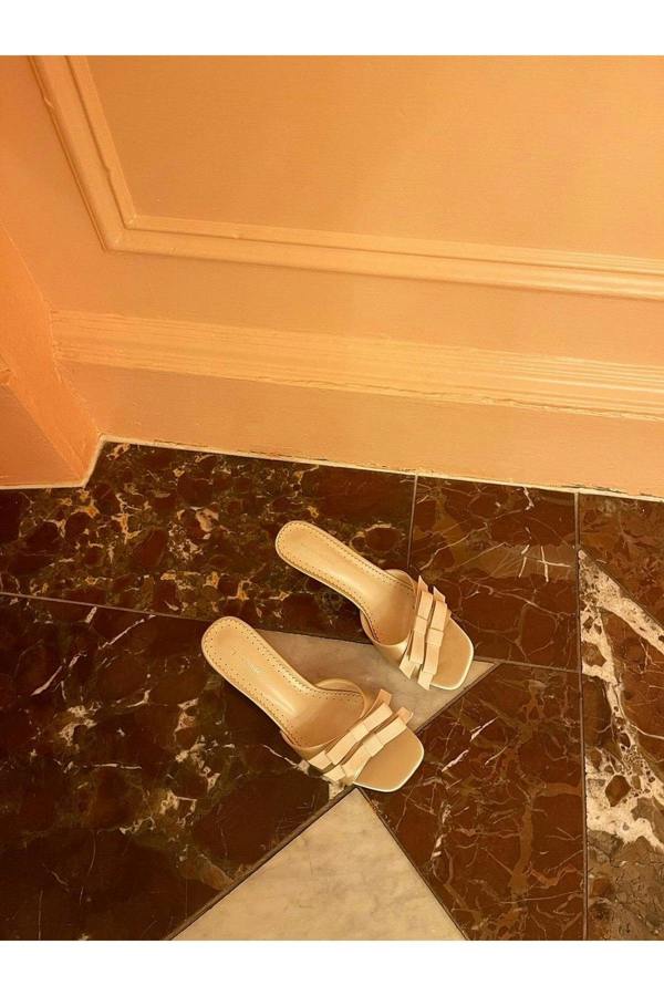 Camila Open Toe Bow Detail High Heels - Cream