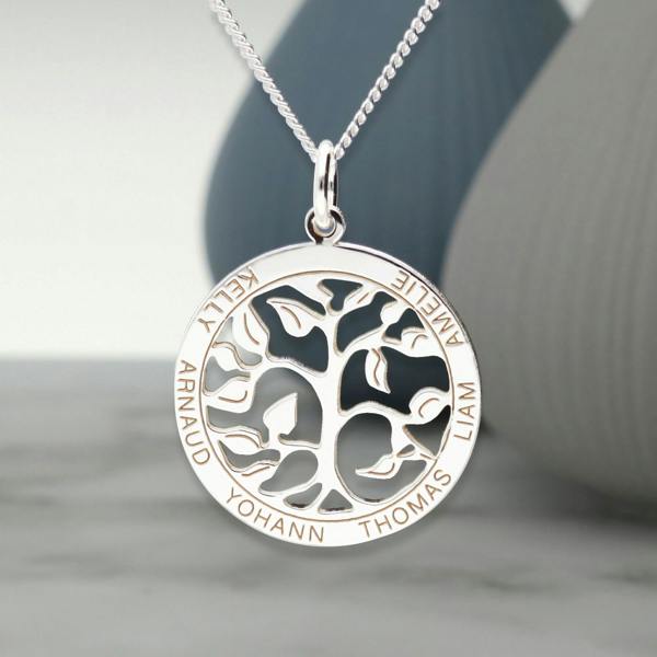 Christopher James of London 9ct White Gold Filigree Tree of Life Disc Personalised Family Necklace