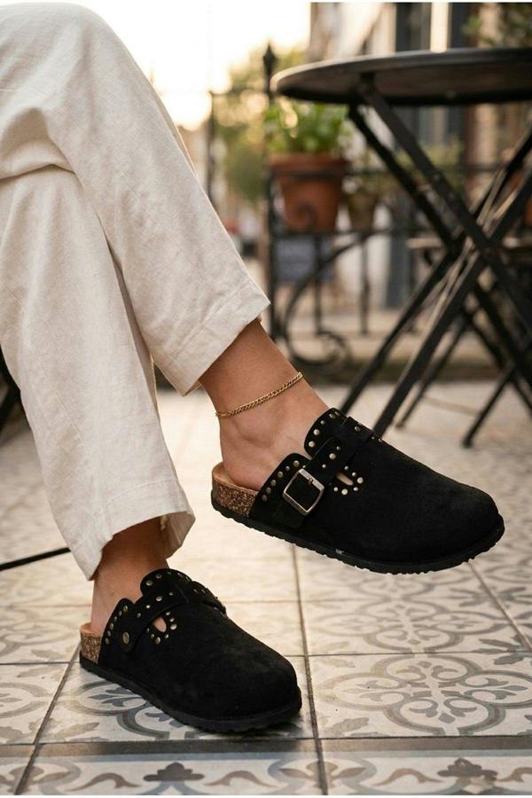 Demi Womens Studded Buckle Clog Mules - Black