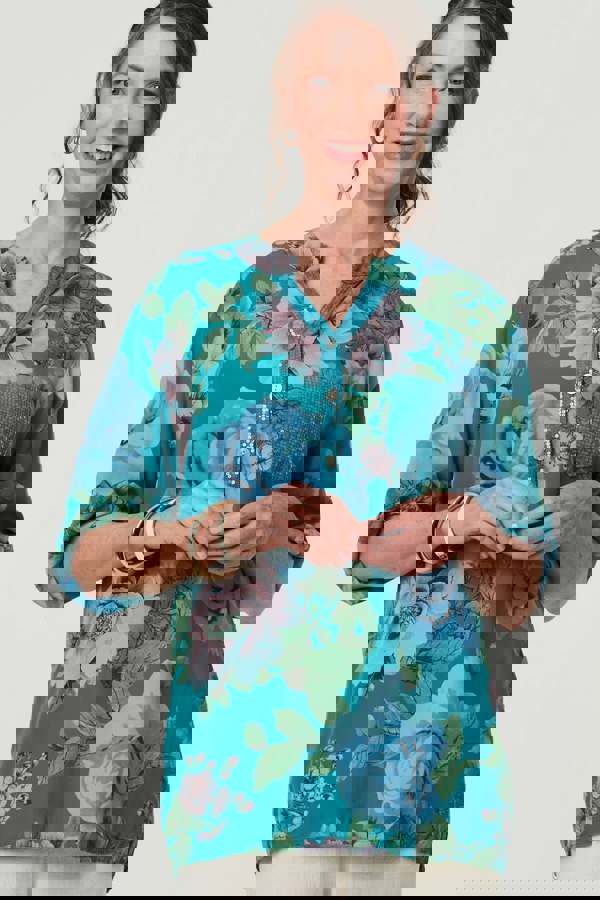 Teal | Floral Sequin Embellished Relaxed Blouse
