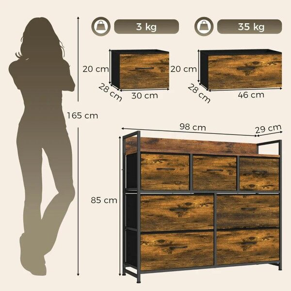 Chest of Drawers with 7 Drawers, Industrial Fabric Storage Unit with Top Shelf and Steel Frame for Bedroom, Rustic Brown