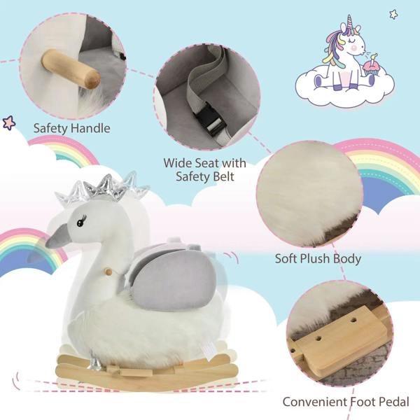 Plush swan rocker showing wide seat with safety belt and soft white body