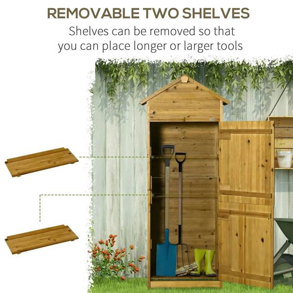 Wood storage shed cabinet showing removable shelf boards and open double doors
