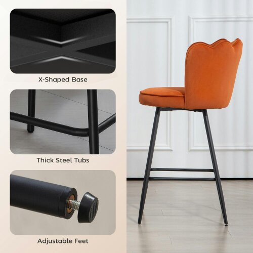 Wyld Haus Nivi Set Of 2 Orange Velvet Upholstered Lotus Design Bar Stools