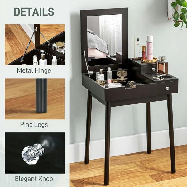 Black vanity desk with flip-up mirror; metal hinge, pine legs, and drawer knob detail