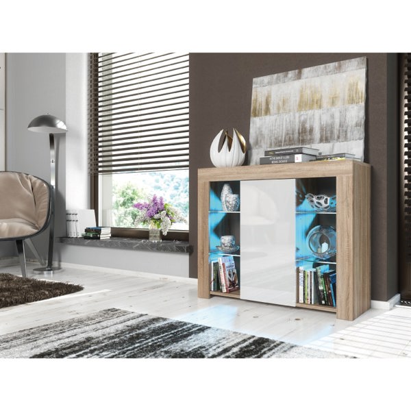 Mex Furniture Sophisticated 97.5cm TV Stand Sideboard – White High Gloss Door with Free LED