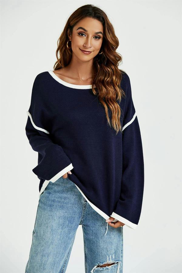 FS Collection White Striped Oversized Jumper Top In Navy