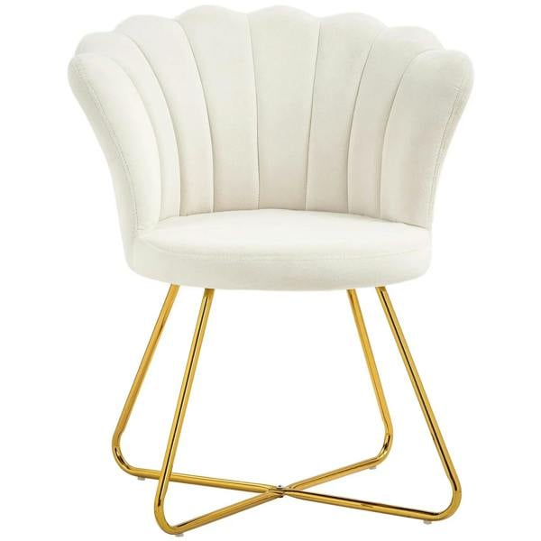 Cream velvet-look accent chair with lotus petal back and gold metal sled base
