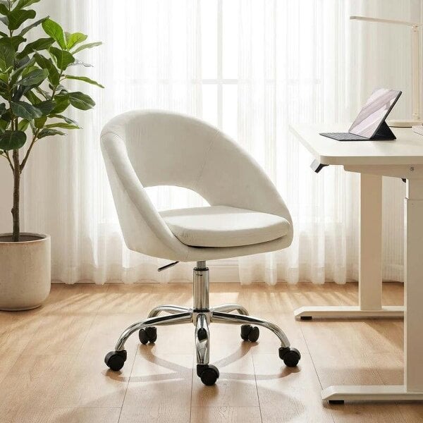 Velvet Desk Chair, Modern Office Chair with Height-Adjustable, Wheels, for Home Study Bedroom, Cream