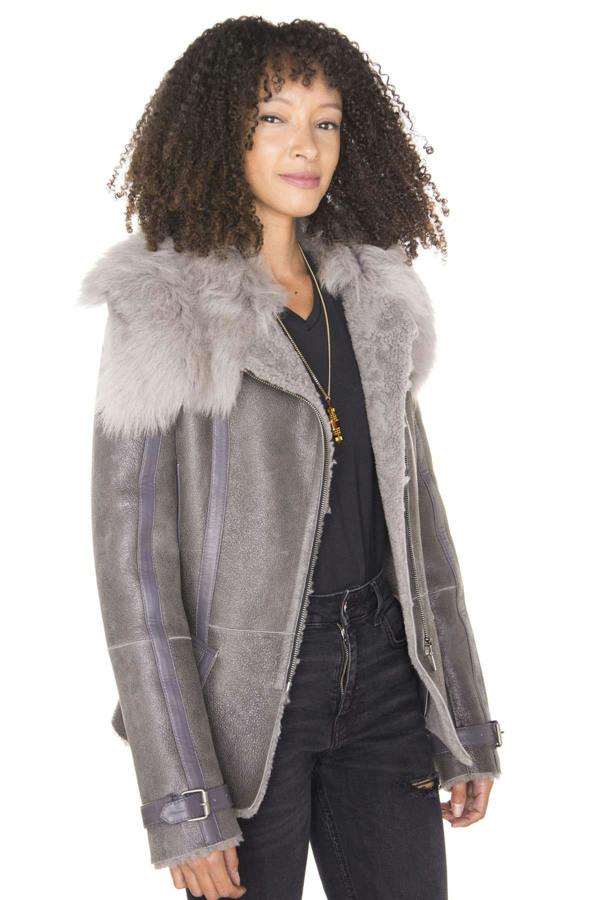 Infinity Leather Womens Grey Toscana Shearling Flying Jacket-Teresina