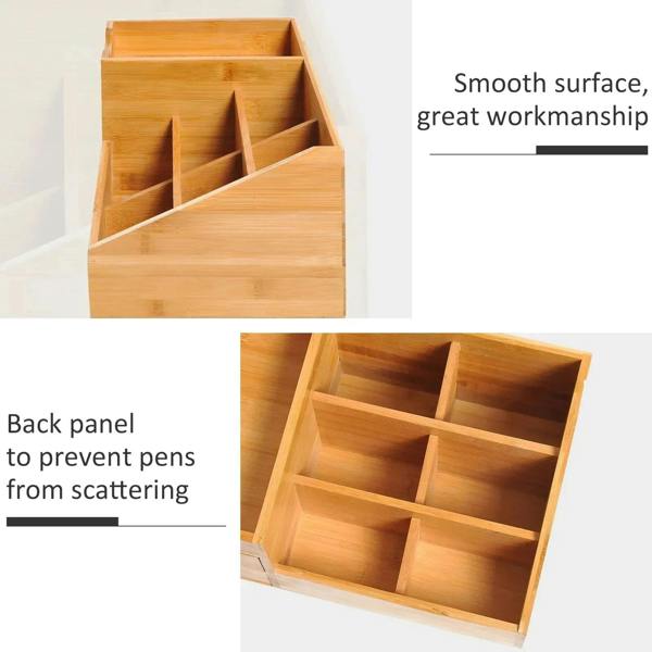 Bamboo desk organizer with smooth interior compartments and front two drawers