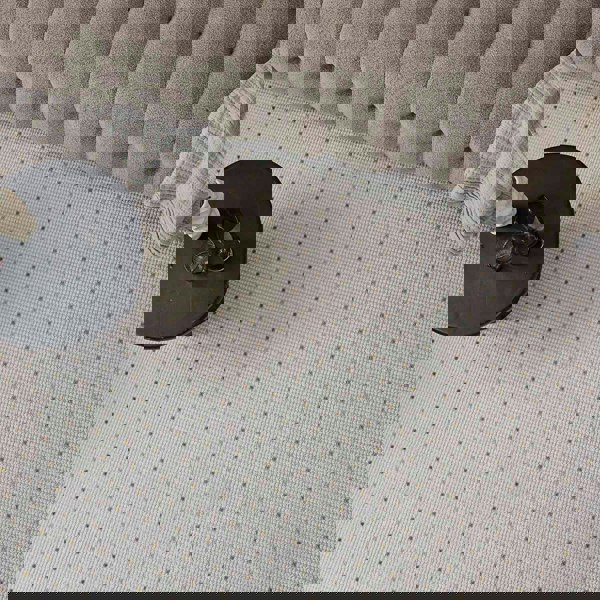 Living Room Rug, gold-cream colors, durability and underfoot comfort.