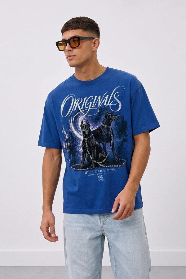 London Attitude Doberman Oversized Heavyweight Graphic T-Shirt - Deep Royal Blue