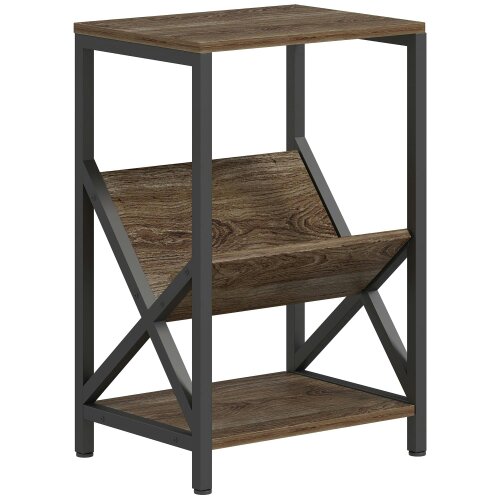 Wyld Haus Elfi Nere Wooden Oak Narrow Side Table With 3 Tier Storage and V Shaped Magazine Holder 40 x 30 x 61 cm