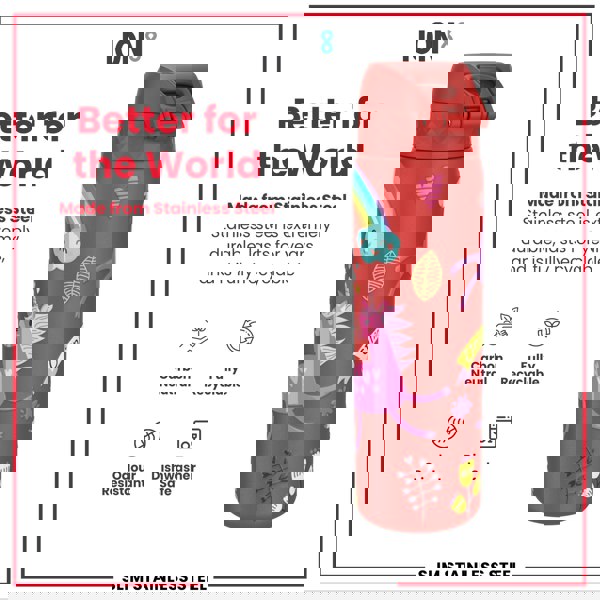 ION8 Leak Proof Slim Water Bottle, Stainless Steel, Red Unicorns, 600ml (20oz)