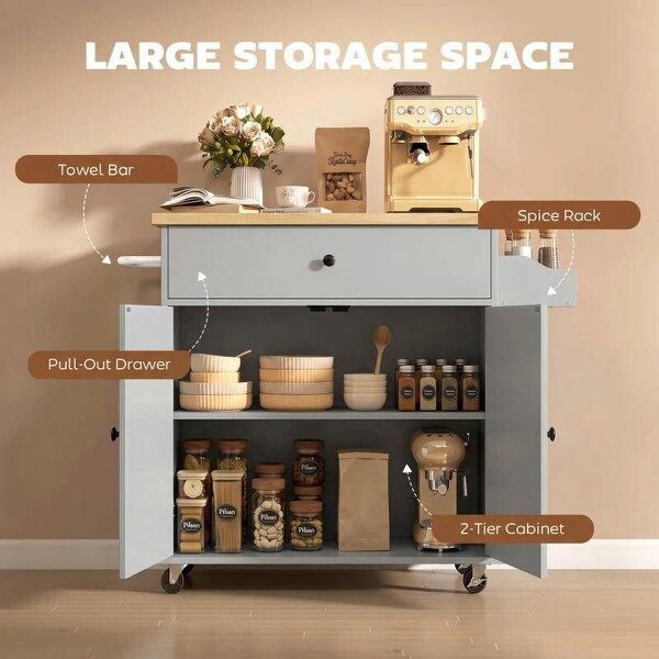 Kitchen Island with Drop Leaf, Rolling Kitchen Storage Trolley on Wheels with Drawer, Spice Rack and Towel Rack, Grey