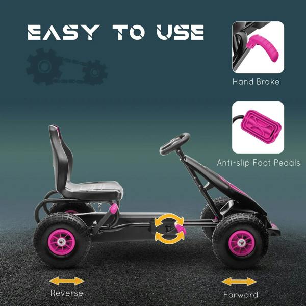 Kids pedal go kart with hand brake and anti-slip pink foot pedals