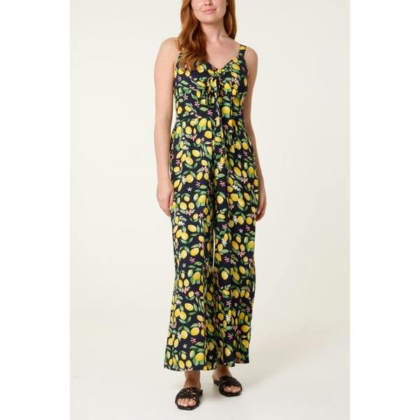 Blue Vanilla Lemon Print Front Tie Jumpsuit