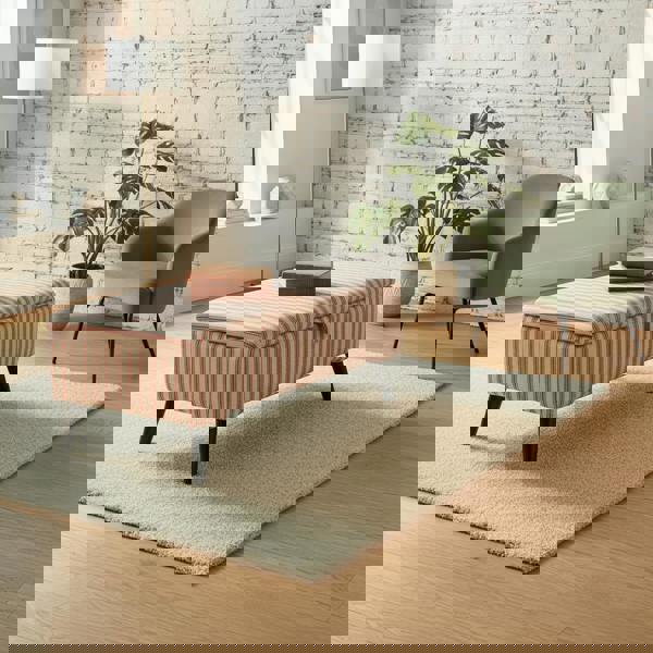 Bedroom storage bench upholstered in JF Linen Ticking Fabric Red