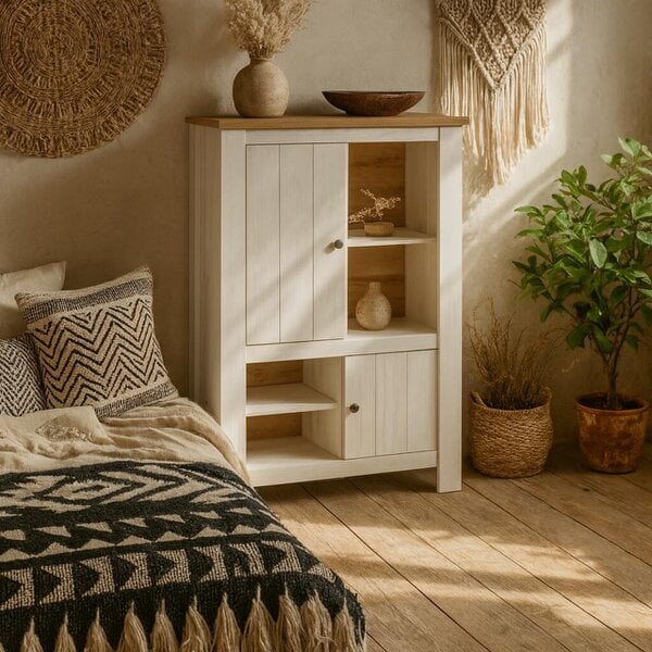 Wyld Haus Tipsyfern White Oak Wood 2 Door 4 Shelves Display Cabinet with LED Lights
