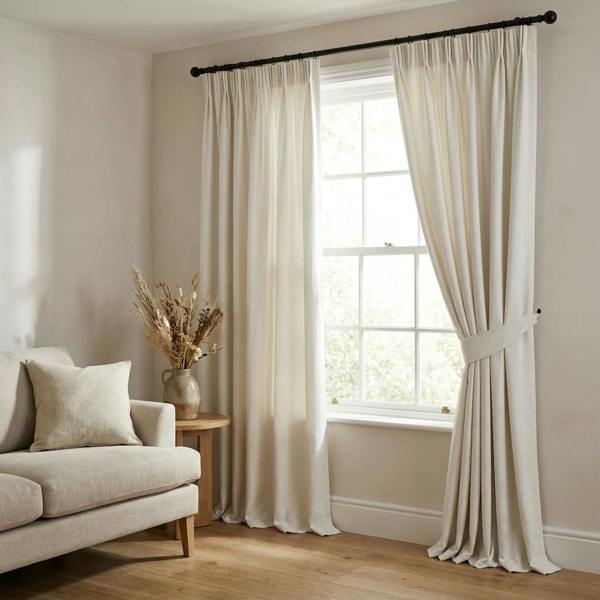 Tuvalu made-to-measure curtains in White, styled in a living room