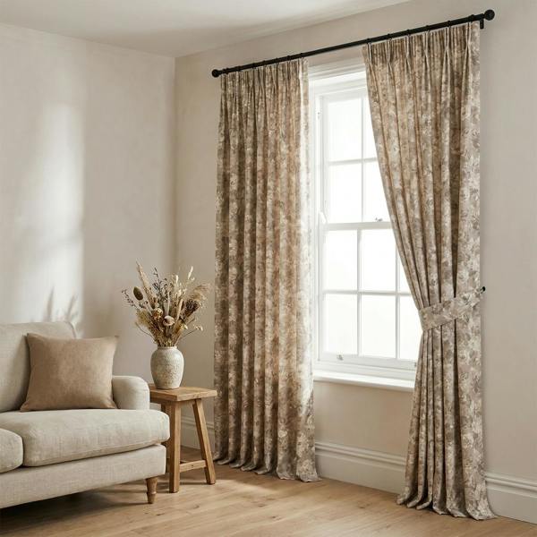Marseille made-to-measure curtains in Fawn, styled in a living room