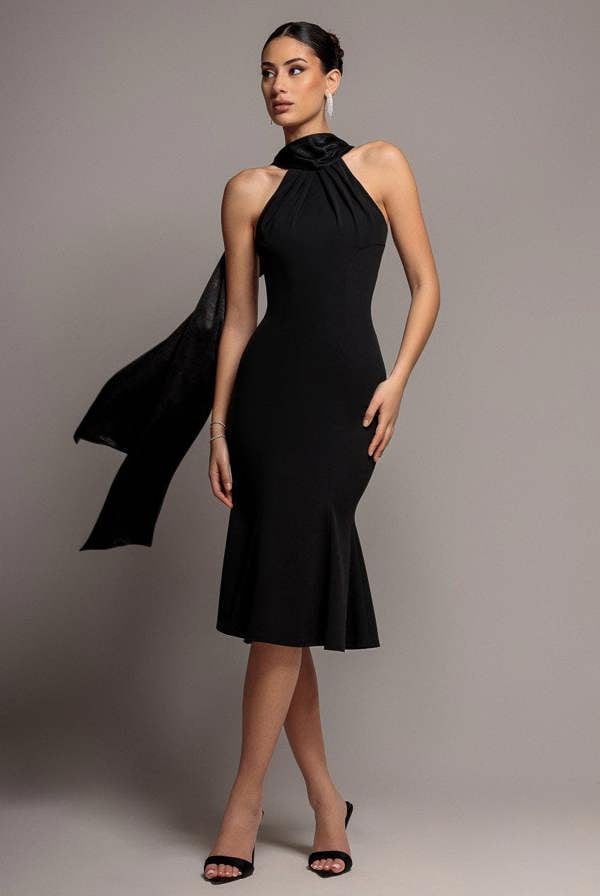 Scuba & Velvet Satin Halterneck Midi Dress With Back Sash - Black DR5022