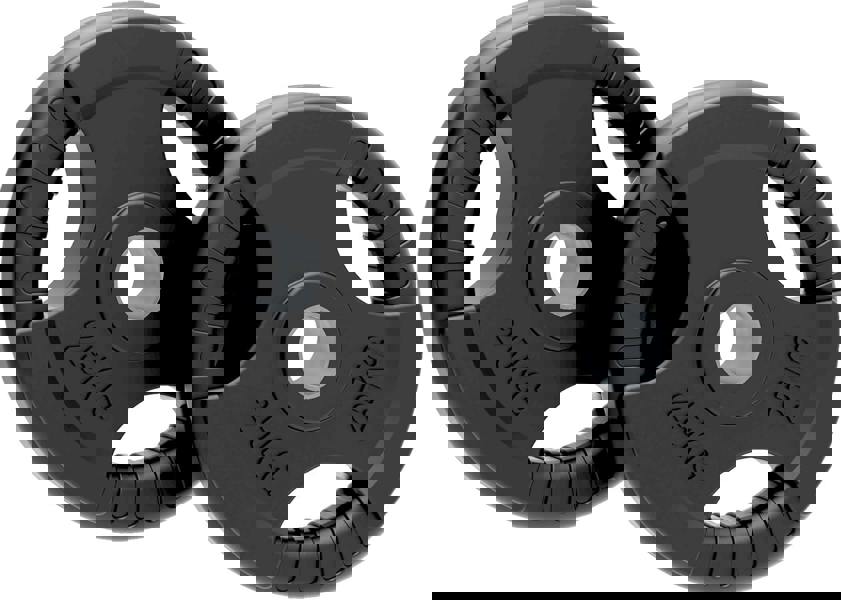 Black rubber Olympic tri-grip weight plates, 25kg each, featuring textured grip edges and a central hole for easy handling