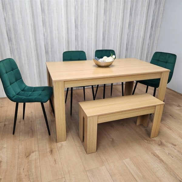 Kosy Koala Wooden Dining Table Set for 6 Oak Effect Table With 4 Green Velvet Chairs and 1 Bench