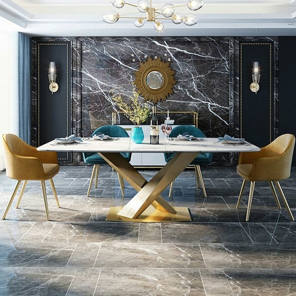 LUCI Dining Table, Marble And Gold Metal in a lifestyle setting with bench dining table