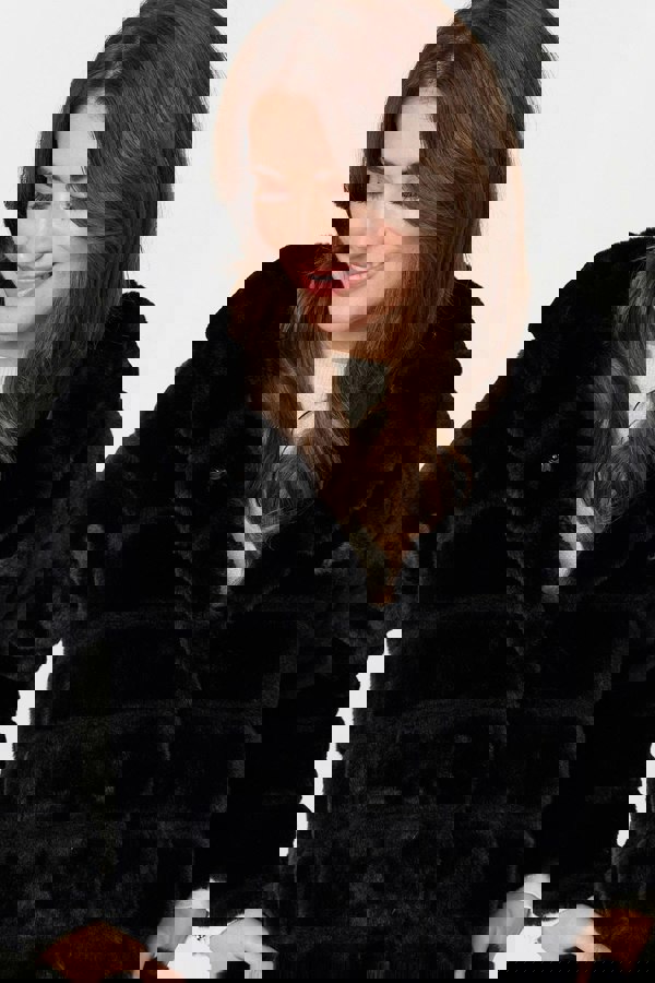 Black | Faux Fur Thigh Length Hooded Jacket
