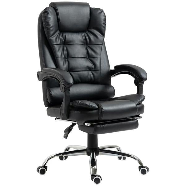 Black PU leather reclining office chair with retractable footrest and swivel casters