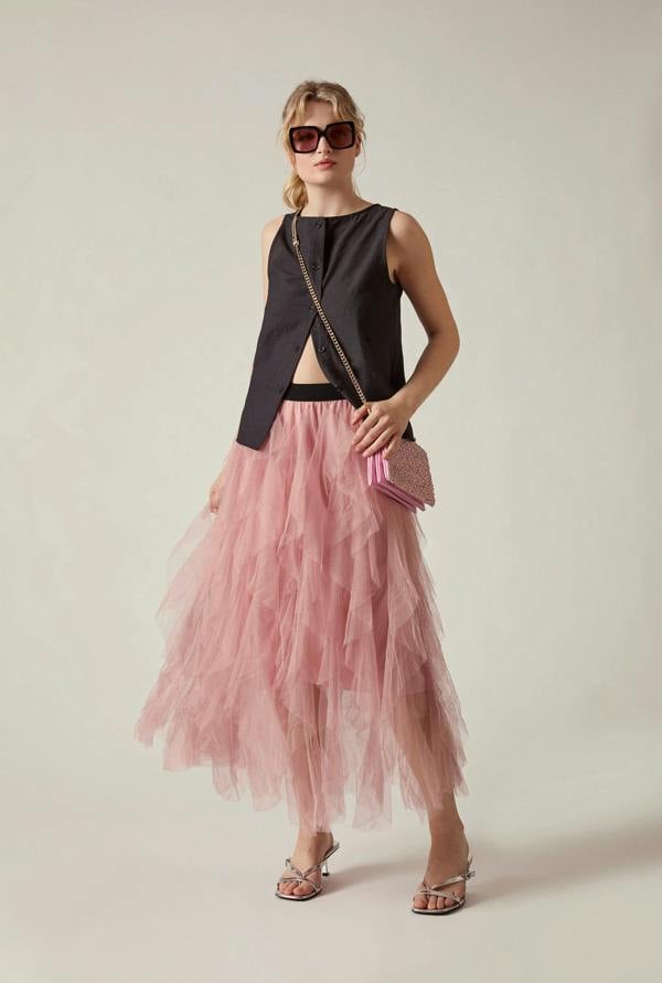 James Lakeland Pink Tulle Ruffle Midi Skirt