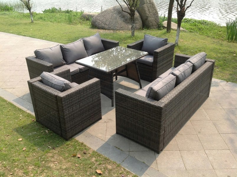 Fimous 8 Seater Lounge Rattan Sofa Set Dining Table Armchairs Garden Furniture Outdoor With Clear Tempered Glass