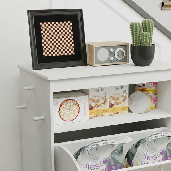 White pet feeder station cabinet front view with open shelf and hanging panel hooks.