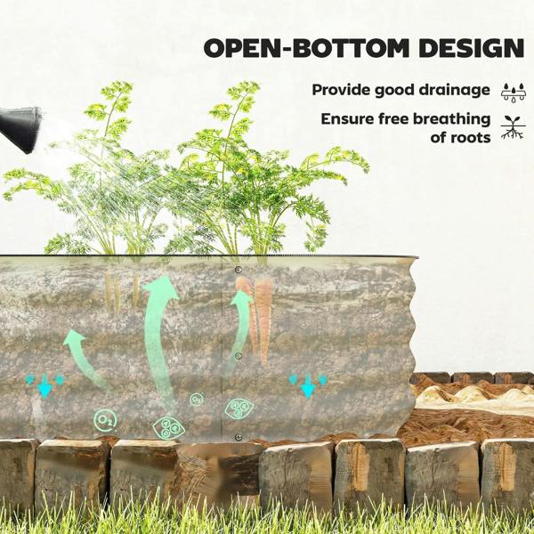 Cream white open-bottom metal raised garden bed with black rim and side panels