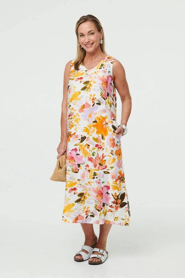 Orange | Floral Sleeveless V-Neck Midi Dress