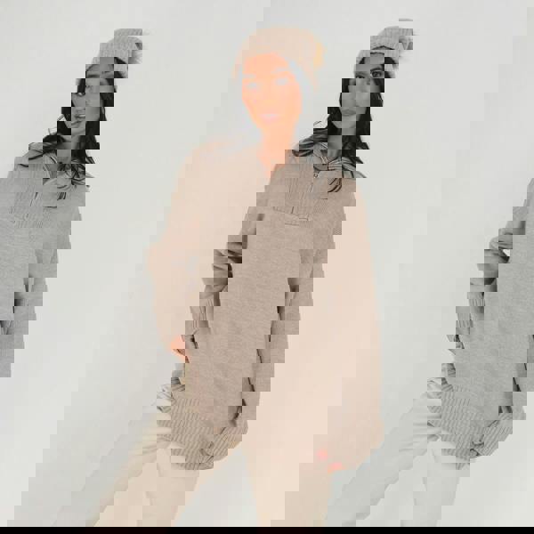 Brave Soul Stone Oversized 1/2 Zip Knitted Jumper - Stone Image 1