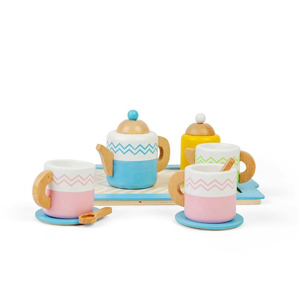 Bigjigs Toys Wooden Tea Tray Set Complete With Teapot, Cups & Saucers, Milk Jug And More