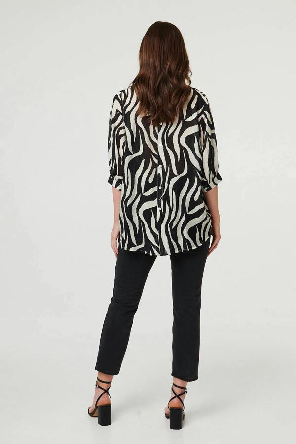 Black | Zebra Print 3/4 Sleeve Collarless Shirt
