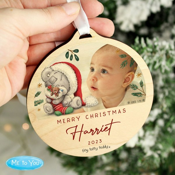 Personalised Memento Company Personalised First Christmas Tiny Tatty Teddy Photo Upload Round Wooden Decoration