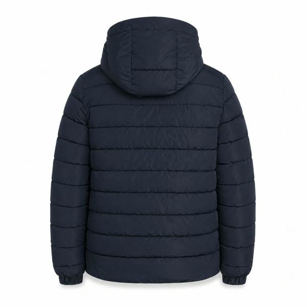Back view of a dark navy Lyle & Scott hooded quilted puffer jacket with elasticated cuffs.