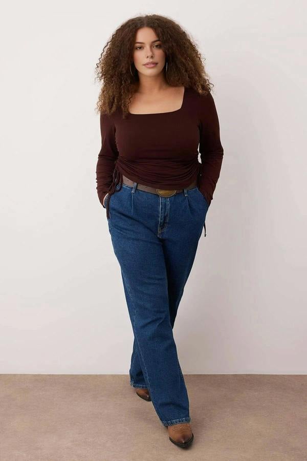 WOVCOR Square Neck Plus Size Knitted Blouse with Gathered Sides