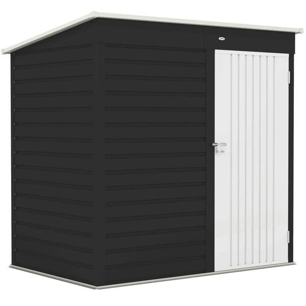 Dark grey metal garden storage shed with lockable single door
